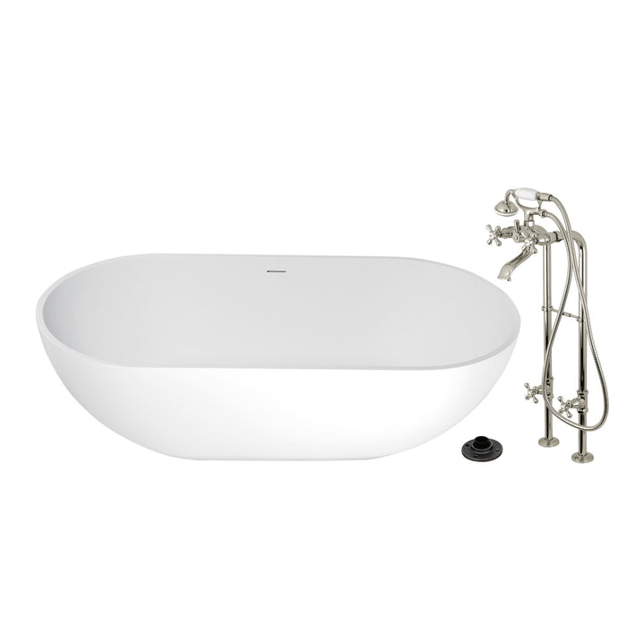 Kingston Tulare KRTRS7035266K6 - Arcticstone 70-Inch Solid Surface Oval Double Ended Freestanding Tub with Faucet Combo and Drain, Polished Nickel