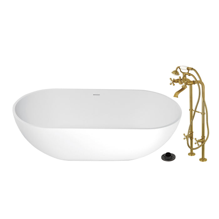 Kingston Tulare KRTRS7035266K7 - Arcticstone 70-Inch Solid Surface Oval Double Ended Freestanding Tub with Faucet Combo and Drain, Brushed Brass