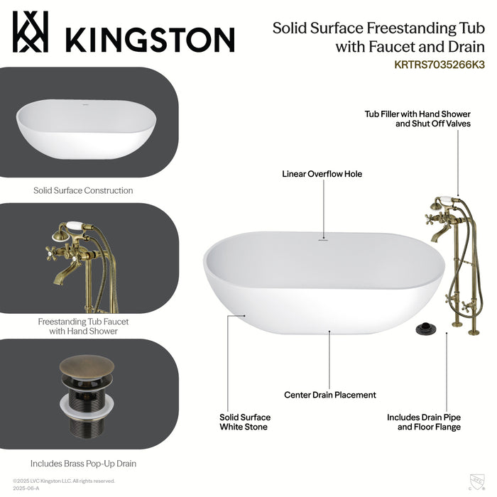 Kingston Tulare KRTRS7035266K8 - Arcticstone 70-Inch Solid Surface Oval Double Ended Freestanding Tub with Faucet Combo and Drain, Brushed Nickel