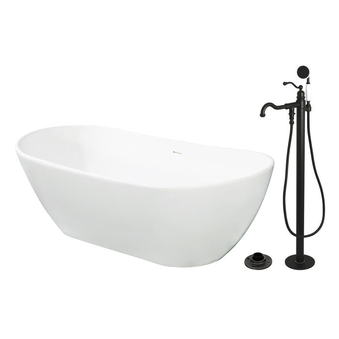 Kingston Tulare KRTRS7232130AL - Arcticstone 72-Inch Solid Surface Oval Double Ended Freestanding Tub with Faucet Combo and Drain, Matte Black