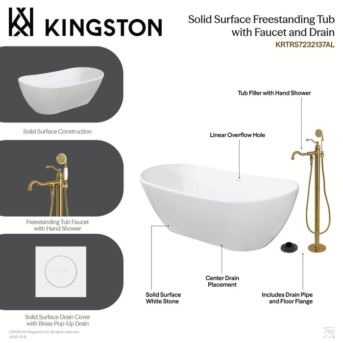 Kingston Tulare KRTRS7232132AL - Arcticstone 72-Inch Solid Surface Oval Double Ended Freestanding Tub with Faucet Combo and Drain, Polished Brass