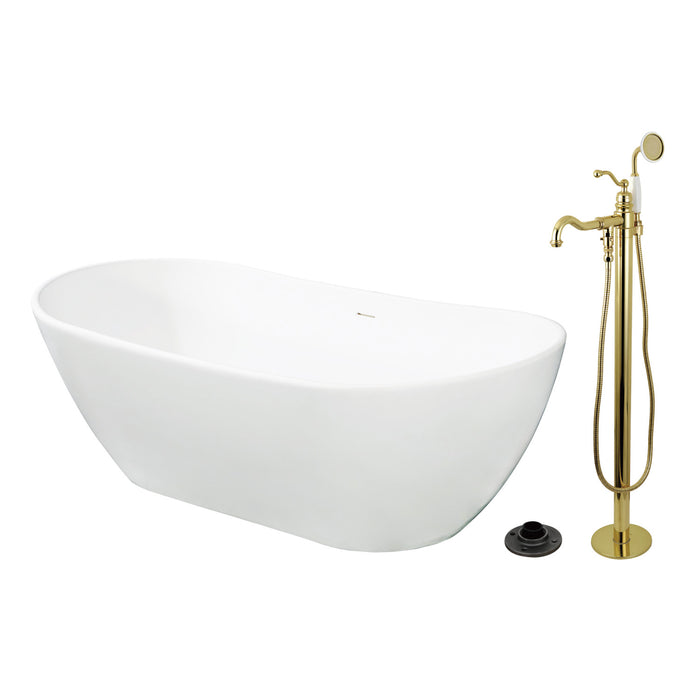 Kingston Tulare KRTRS7232132AL - Arcticstone 72-Inch Solid Surface Oval Double Ended Freestanding Tub with Faucet Combo and Drain, Polished Brass