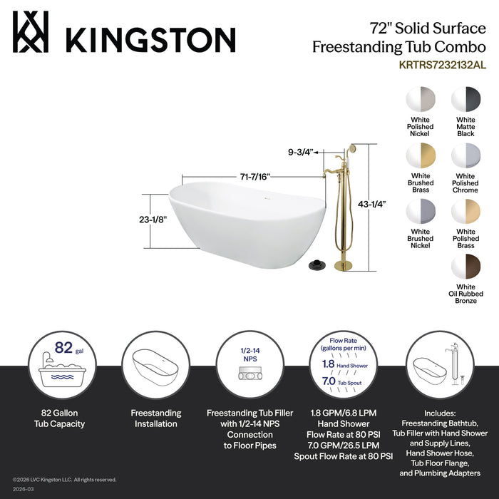 Kingston Tulare KRTRS7232136AL - Arcticstone 72-Inch Solid Surface Oval Double Ended Freestanding Tub with Faucet Combo and Drain, Polished Nickel