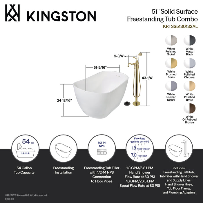 Kingston Tulare KRTSS5130130AL - Arcticstone 51-Inch Solid Surface Oval Single Slipper Freestanding Tub with Faucet Combo and Drain, Matte Black