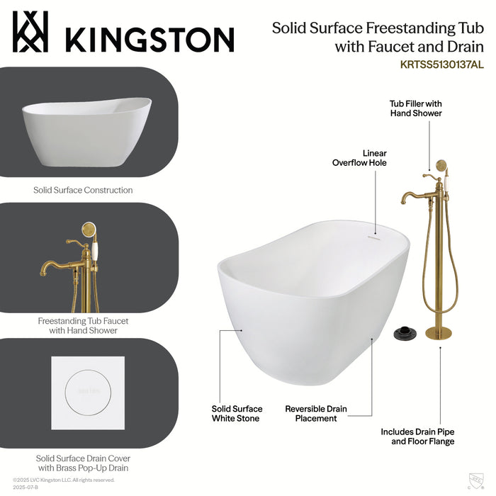 Kingston Tulare KRTSS5130132AL - Arcticstone 51-Inch Solid Surface Oval Single Slipper Freestanding Tub with Faucet Combo and Drain, Polished Brass