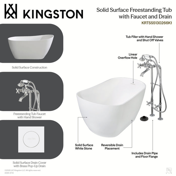 Kingston Tulare KRTSS5130266K2 - Arcticstone 51-Inch Solid Surface Oval Single Slipper Freestanding Tub with Faucet Combo and Drain, Polished Brass
