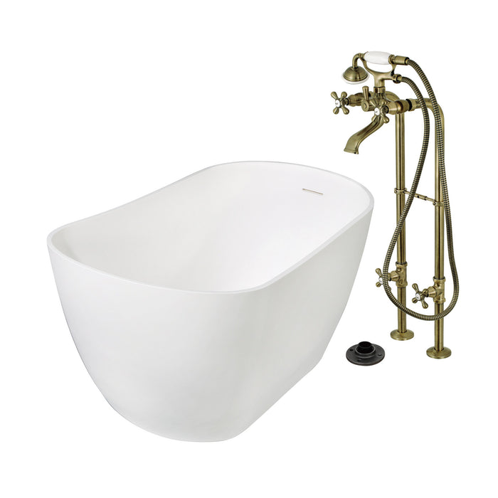 Arcticstone KRTSS5130266K3 51-Inch Solid Surface Oval Single Slipper Freestanding Tub with Faucet Combo and Drain, Antique Brass