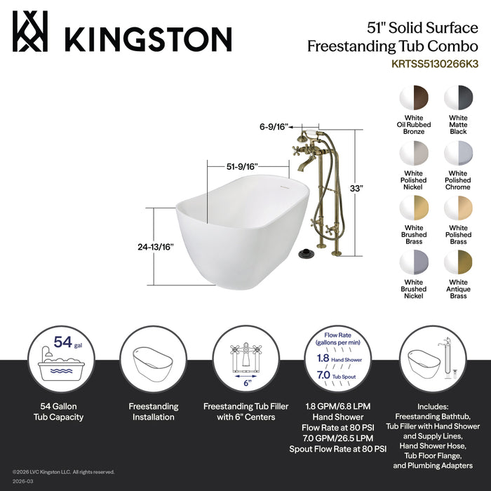 Kingston Tulare KRTSS5130266K6 - Arcticstone 51-Inch Solid Surface Oval Single Slipper Freestanding Tub with Faucet Combo and Drain, Polished Nickel