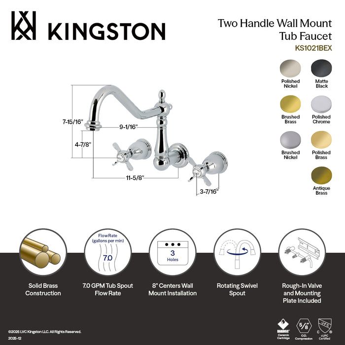 Kingston Heirloom KS1021BEX - Essex Two-Handle 3-Hole Wall Mount Tub Faucet, Polished Chrome