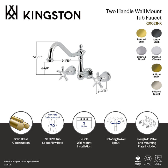 Kingston Heirloom KS1021NX - Hamilton Two-Handle 3-Hole Wall Mount Tub Faucet, Polished Chrome