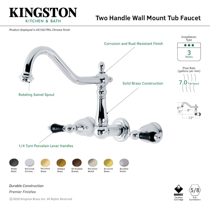 Kingston Heirloom KS1021PKL - Duchess Two-Handle 3-Hole Wall Mount Tub Faucet, Polished Chrome