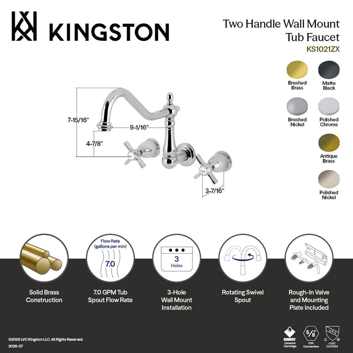 Kingston Heirloom KS1021ZX - Millennium Two-Handle 3-Hole Wall Mount Tub Faucet, Polished Chrome