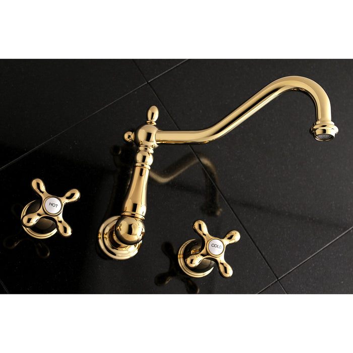 Kingston Heirloom KS1022AX - Heritage Two-Handle 3-Hole Wall Mount Tub Faucet, Polished Brass