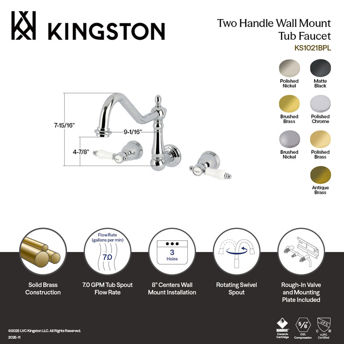 Kingston Heirloom KS1022BPL - Bel-Air Two-Handle 3-Hole Wall Mount Tub Faucet, Polished Brass