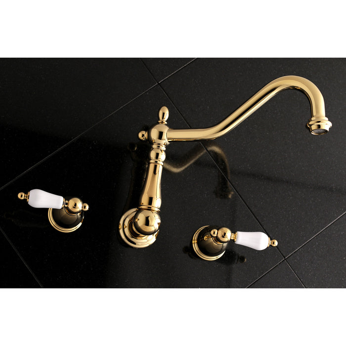Kingston Heirloom KS1022PL - Heritage Two-Handle 3-Hole Wall Mount Tub Faucet, Polished Brass