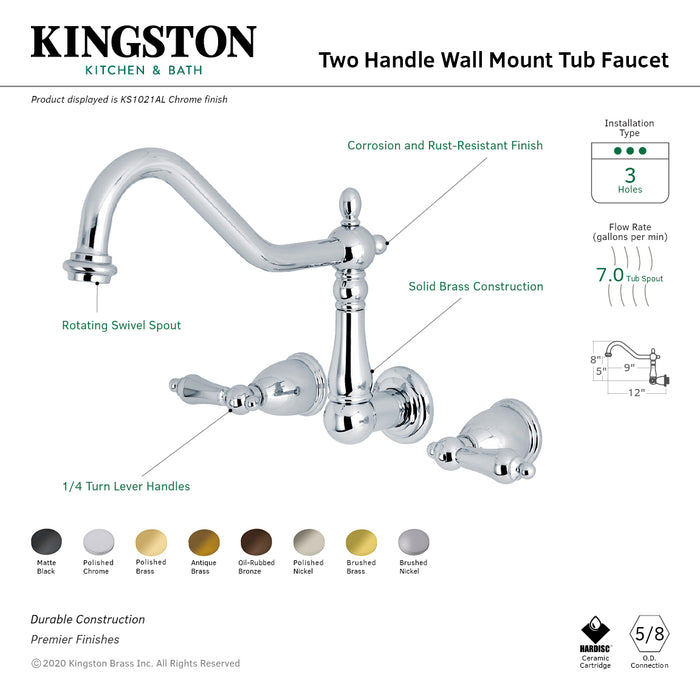 Kingston Heirloom KS1023AL - Heritage Two-Handle 3-Hole Wall Mount Tub Faucet, Antique Brass