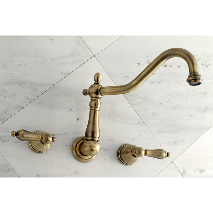 Kingston Heirloom KS1023AL - Heritage Two-Handle 3-Hole Wall Mount Tub Faucet, Antique Brass