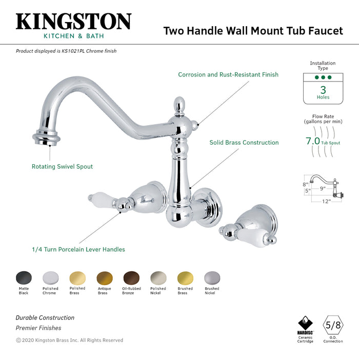 Kingston Heirloom KS1023PL - Heritage Two-Handle 3-Hole Wall Mount Tub Faucet, Antique Brass