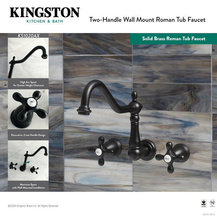 Kingston Heirloom KS1027AX - Heritage Two-Handle 3-Hole Wall Mount Roman Tub Faucet, Brushed Brass
