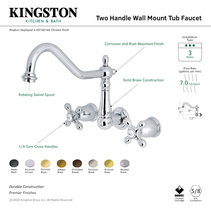 Kingston Heirloom KS1027AX - Heritage Two-Handle 3-Hole Wall Mount Roman Tub Faucet, Brushed Brass
