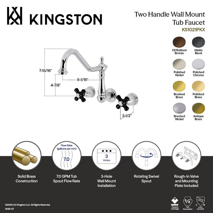 Kingston Heirloom KS1027PKX - Duchess Two-Handle 3-Hole Wall Mount Tub Faucet, Brushed Brass