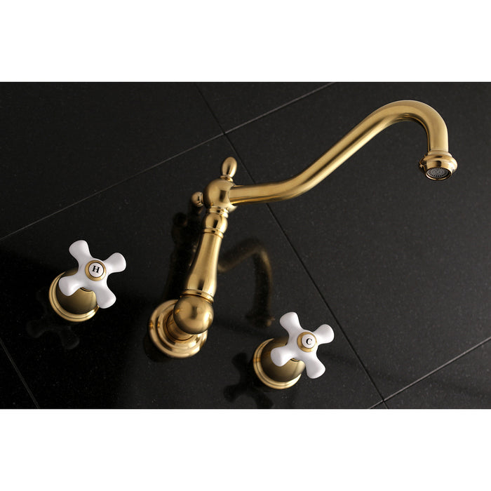 Kingston Heirloom KS1027PX - Heritage Two-Handle 3-Hole Wall Mount Tub Faucet, Brushed Brass