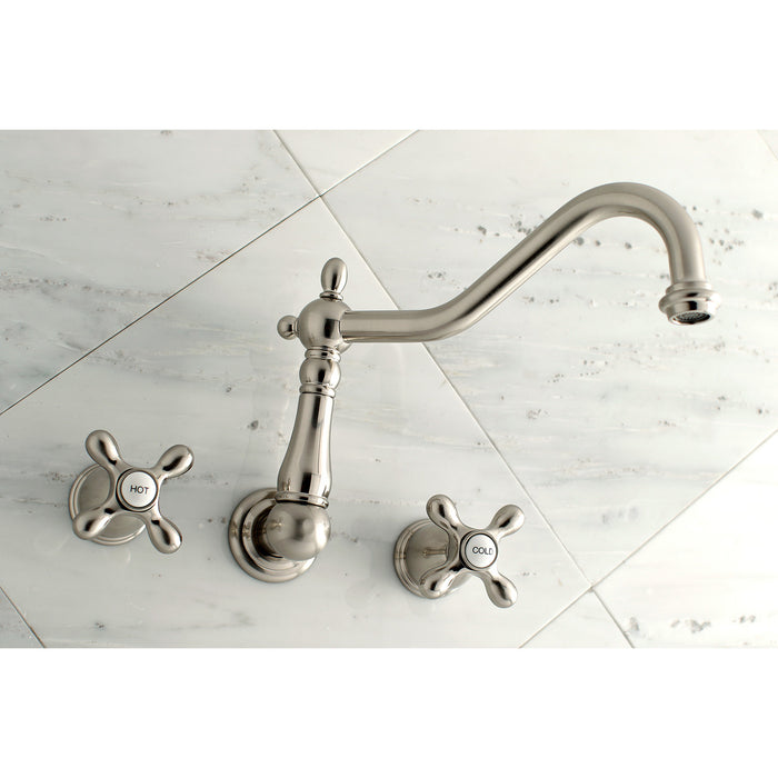 Kingston Heirloom KS1028AX - Heritage Two-Handle 3-Hole Wall Mount Tub Faucet, Brushed Nickel