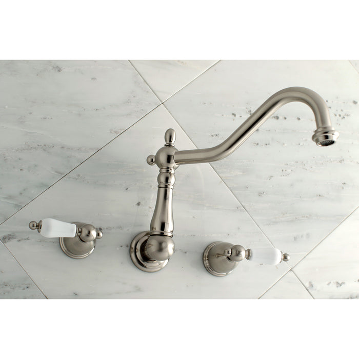 Kingston Heirloom KS1028PL - Heritage Two-Handle 3-Hole Wall Mount Tub Faucet, Brushed Nickel