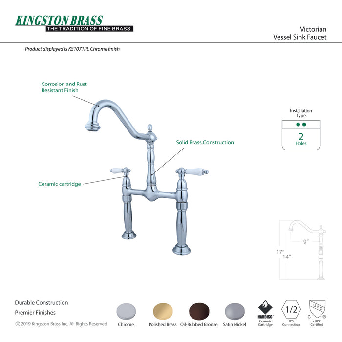 Kingston Victorian KS1078PL Two-Handle 2-Hole Deck Mount Bridge Vessel Faucet, Brushed Nickel