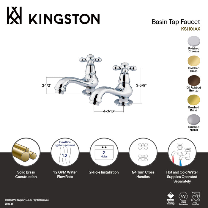 Kingston Heirloom KS1101AX - Heritage Two-Handle Deck Mount Basin Tap Faucet, Polished Chrome