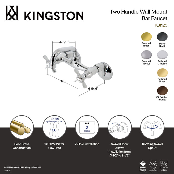 Kingston Heirloom KS112ORB - Kingston Two-Handle 2-Hole Wall Mount Bar Faucet, Oil Rubbed Bronze