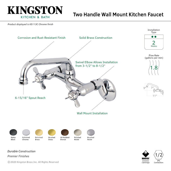 Kingston Heirloom KS113MB - Essex Two-Handle 2-Hole Wall Mount Bridge Kitchen Faucet, Matte Black