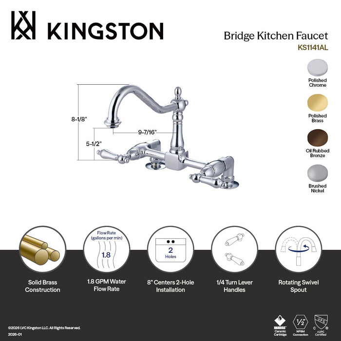 Kingston Heritage KS1141AL Two-Handle 2-Hole Deck Mount Bridge Kitchen Faucet, Polished Chrome