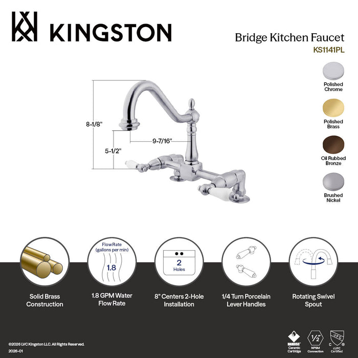 Kingston Heritage KS1142PL Two-Handle 2-Hole Deck Mount Bridge Kitchen Faucet, Polished Brass