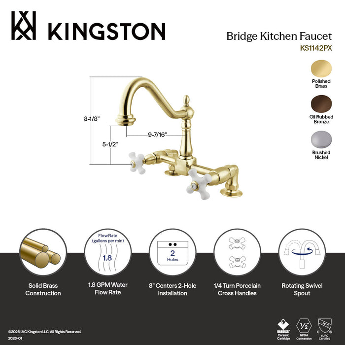Kingston Heritage KS1142PX Two-Handle 2-Hole Deck Mount Bridge Kitchen Faucet, Polished Brass