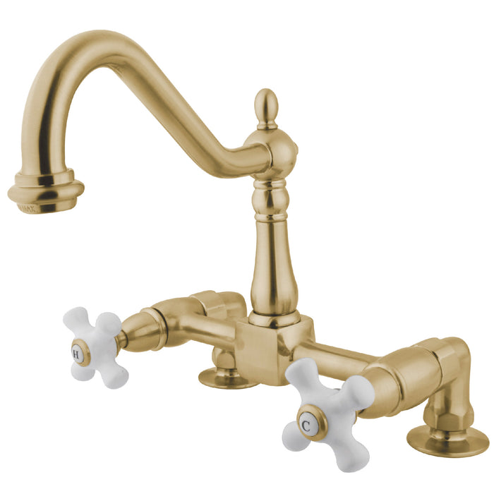 Kingston Heritage KS1142PX Two-Handle 2-Hole Deck Mount Bridge Kitchen Faucet, Polished Brass