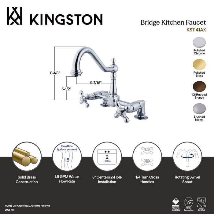 Kingston Heritage KS1148AX Two-Handle 2-Hole Deck Mount Bridge Kitchen Faucet, Brushed Nickel