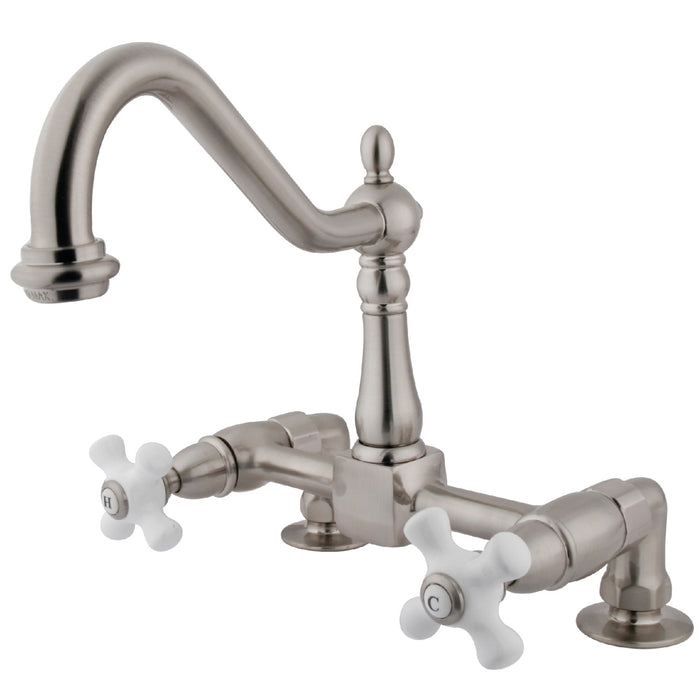 Kingston Heritage KS1148PX Two-Handle 2-Hole Deck Mount Bridge Kitchen Faucet, Brushed Nickel