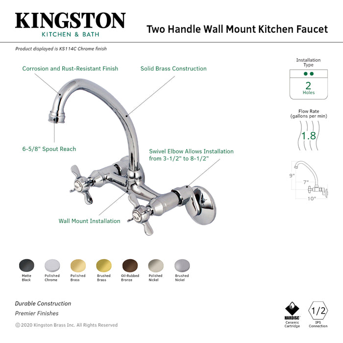 Kingston Heirloom KS114SB - Essex Two-Handle 2-Hole Wall Mount Bridge Kitchen Faucet, Brushed Brass