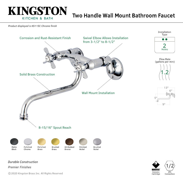 Kingston Heirloom KS115SN - Essex Double-Handle 2-Hole Wall Mount Bathroom Faucet, Brushed Nickel