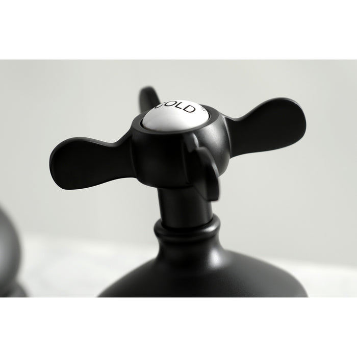 Kingston Heirloom KS1160BEX - Essex Two-Handle 3-Hole Deck Mount Widespread Bathroom Faucet with Brass Pop-Up, Matte Black