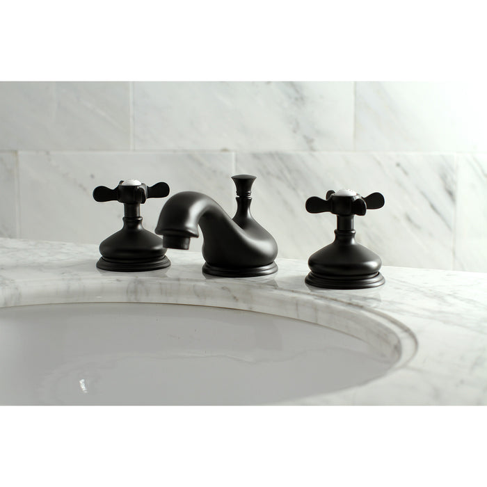 Kingston Heirloom KS1160BEX - Essex Two-Handle 3-Hole Deck Mount Widespread Bathroom Faucet with Brass Pop-Up, Matte Black