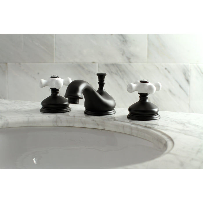 Kingston Heirloom KS1160PX - Heritage Two-Handle 3-Hole Deck Mount Widespread Bathroom Faucet with Brass Pop-Up, Matte Black