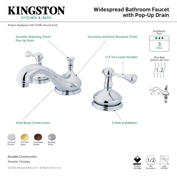 Kingston Tulare KS1161BL - Vintage Two-Handle 3-Hole Deck Mount Widespread Bathroom Faucet with Brass Pop-Up, Polished Chrome