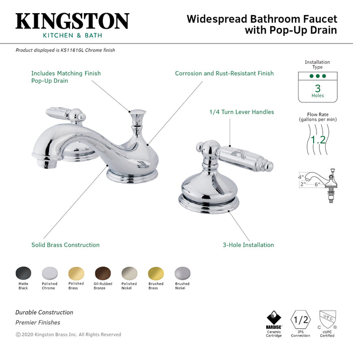 Kingston Tulare KS1161GL - Georgian Two-Handle 3-Hole Deck Mount Widespread Bathroom Faucet with Brass Pop-Up, Polished Chrome