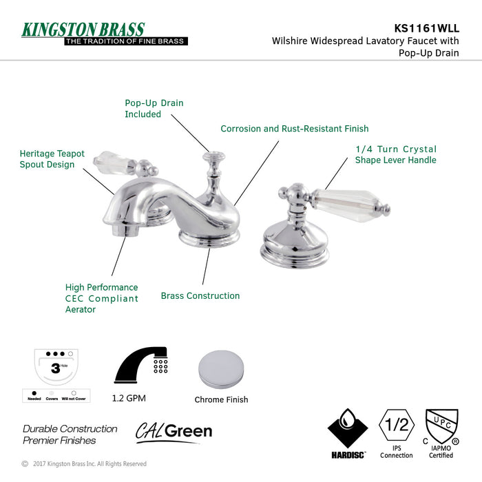 Kingston Heirloom KS1161WLL - Wilshire Two-Handle 3-Hole Deck Mount Widespread Bathroom Faucet with Brass Pop-Up, Polished Chrome