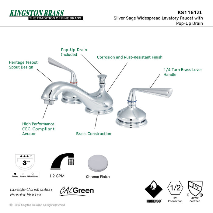 Kingston Tulare KS1161ZL - Silver Sage Two-Handle 3-Hole Deck Mount Widespread Bathroom Faucet with Brass Pop-Up, Polished Chrome