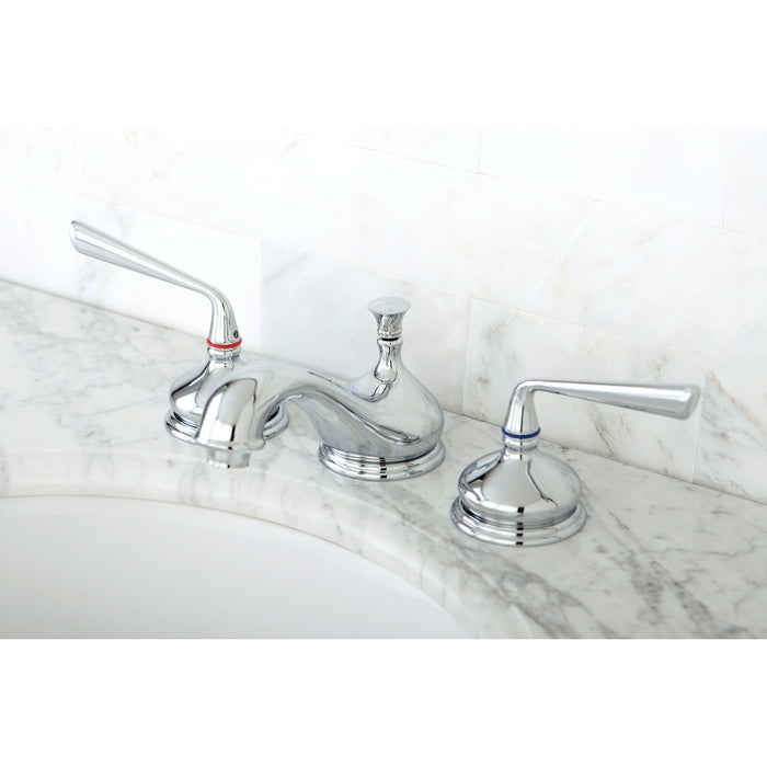 Kingston Tulare KS1161ZL - Silver Sage Two-Handle 3-Hole Deck Mount Widespread Bathroom Faucet with Brass Pop-Up, Polished Chrome