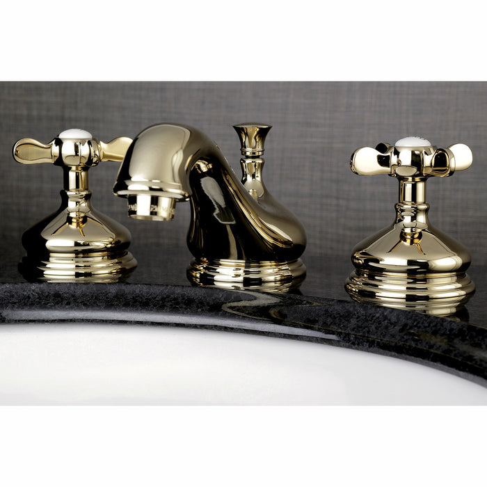 Kingston Heirloom KS1162BEX - Essex Two-Handle 3-Hole Deck Mount Widespread Bathroom Faucet with Brass Pop-Up, Polished Brass