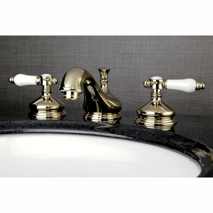 Kingston Heirloom KS1162BPL - Bel-Air Two-Handle 3-Hole Deck Mount Widespread Bathroom Faucet with Brass Pop-Up, Polished Brass